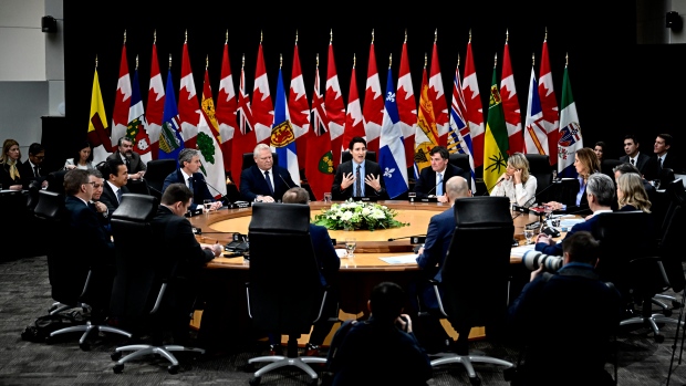Here are all the ways Canada is striking back against Trump's tariffs; Prime Minister Justin Trudeau speaks during a first ministers meeting in Ottawa, on Wednesday, Jan\. 15, 2025\. THE CANADIAN PRESS/Justin Tang