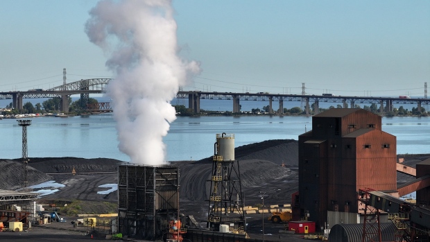 Steel contracts cancelled, orders slow as Hamilton companies react to tariffs; Aerial, drone images of Stelco Hamilton Works production facility, Hamilton Harbour, adjacent industrial areas\. Shot Sept 26, 2024\. See effluent\.