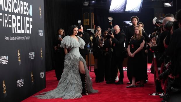 A woman in a blue dress stands with a lot of photographers visible behind her. 