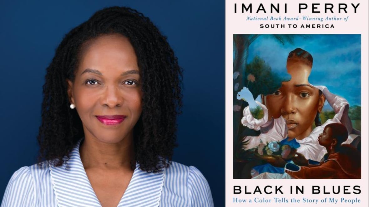 A Black woman smiling at the camera in front of a blue background. A book cover of two Black women, an abstract nature landscape with flowers and a blue background.
