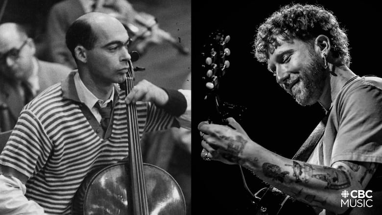 On the left: a black-and-white photo of Janos Starker, a mostly bald white man playing his cello. On the right: a black-and-white photo of JP Saxe, a white man with curly hair playing his guitar.