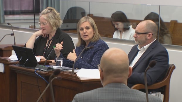 A formal discussion in a legislative setting, with individuals seated at a wooden table, notes and a laptop visible