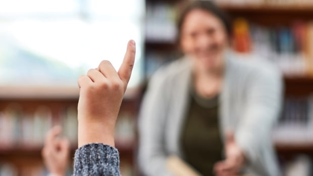 A stock photo shows a student raising their hand in a classroom. A closeup shows a young person's raised hand.