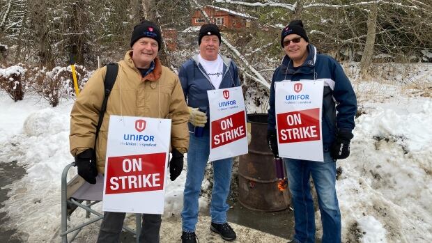 A group of three workers carrying sandwich boards reading'On Strike' are seen on a snowy day.