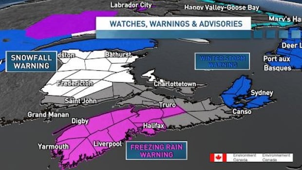 Most of New Brunswick is under an Environment Canada snowfall warning, with some more southern parts of the province under a special weather statement. A map of New Brunswick, PEI and Nova Scotia. New Brunswick is shaded white in northern and central regions and grey in southern areas. Nova Scotia is shaded purple for the majority of the mainland, grey in areas of the mainland closer to Cape Breton, while Cape Breton is shaded blue. PEI is half white and half grey. A legend indicates that Snowfall Warnings are white, Freezing Rain warnings are purple and Winter Storm warnings are blue.