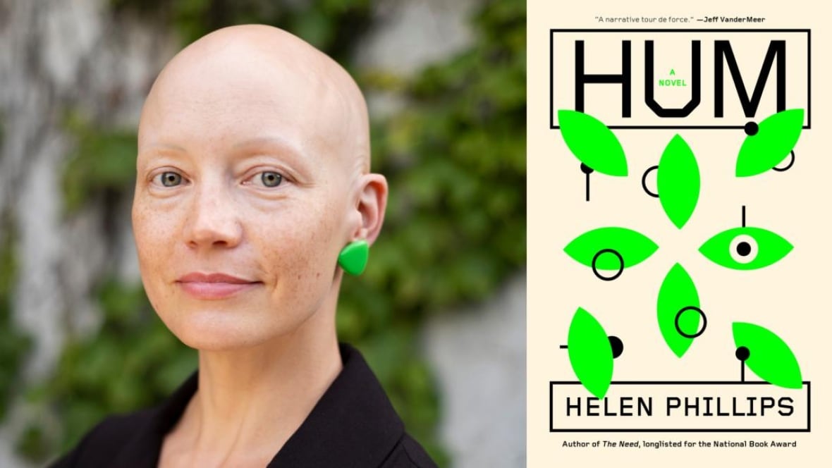 A portrait of a bald white woman wearing green earrings. A beige book cover with abstract green leaves.