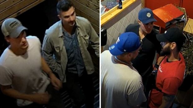 Ryden Brogden, far left and his friend ended up at two of the same bars as John Sproule, black t-shirt, blue hat, on the night of September 2, 2022. Side by side photos of two groups of two men.