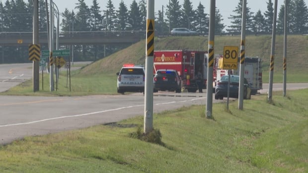 Police have said the single vehicle collision happened when the car was on a ramp and left the road. The car had four passengers including the driver. A woman was pronounced dead at the scene and a man later died of his injuries. Emergency response vehicles surround the scene of a single-vehicle crash. An overpass is visible in the background.