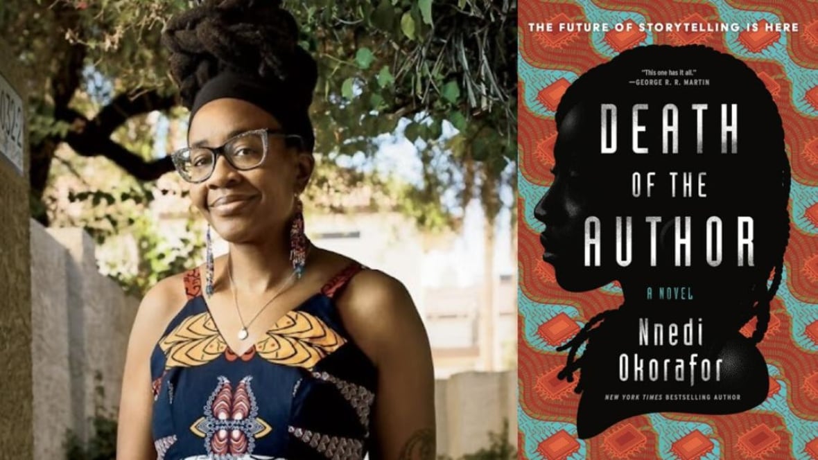A Black woman with her hair up wearing dangly earrings and glasses smiles at the camera. A book cover of a shadow of a head against a blue and orange background.
