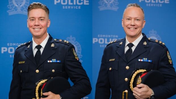 Warren Driechel, left, and Devin Laforce, right, have been named as interim chiefs of the Edmonton Police Service. Two men stand in front of a blue background