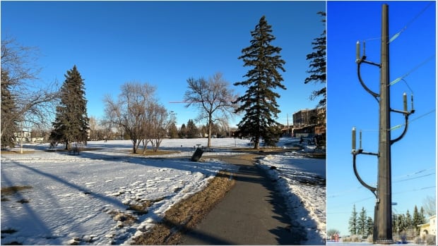 ENMAX's preferred route would bring self-supporting steel monopoles, such as the riser structure shown on the right, through the edge of Munro Park and other parts of Winston Heights-Mountainview. A collage. A park shown on the left, and a large steel monopole on the right.
