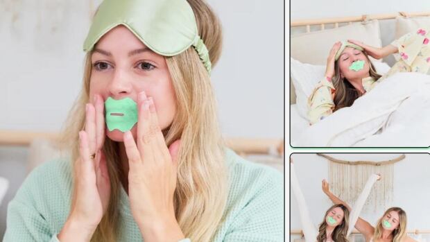 Minter, a Toronto-based company, sells its mouth tape all over the country. It's just one company who has jumped on the tape trend. People with long hair wear bright, mint green mouth tape in promotional photos. The image is a compilation of three images; one larger image, featuring a woman with long blonde hair, a light green eye mask up on her forehead, and a light green shirt; one smaller image featuring a woman lying down with her eyes closed; and one image with two woman beside each other stretching their arms in a bed with pajamas on.