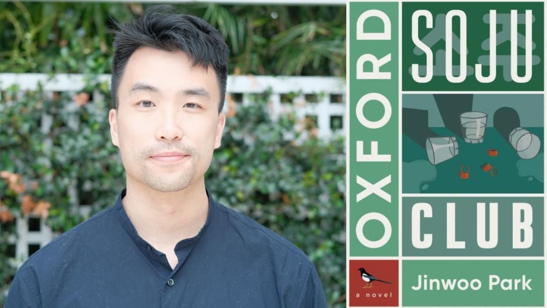 Oxford Soju Club by Jinwoo Park. Illustrated book cover of three glasses of water and three pills. Author portrait of a Korean man in a navy blue shirt.