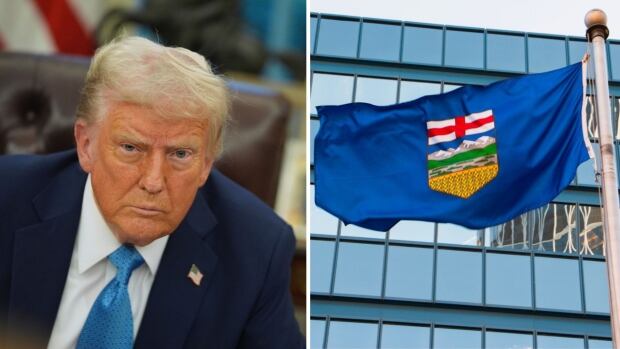 President Donald Trump speaks to reporters as he signs executive orders in the Oval Office of the White House, Friday, Jan. 31, 2025, in Washington. The flag of Alberta waves outside the municipal building in Calgary, AB on January 19, 2022 A man in a suit looks at the camera. A flag blows in front of a building.