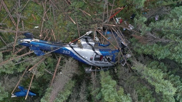 An image of the crash site after the helicopter collided with the swampy terrain of northwestern Alberta. The pilot escaped the wreckage but died of his injuries in hospital. A blue Bell 205A-1 helicopter