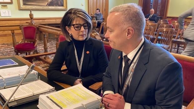 From left, N.B. Power CEO Lori Clark and CFO Darren Murphy. Clark told a committee of the legislature that early indications from an audit still underway are that the fault does not lie with the new units. A woman, left, sitting next to a man, right at a table with binders of papers in front of them.