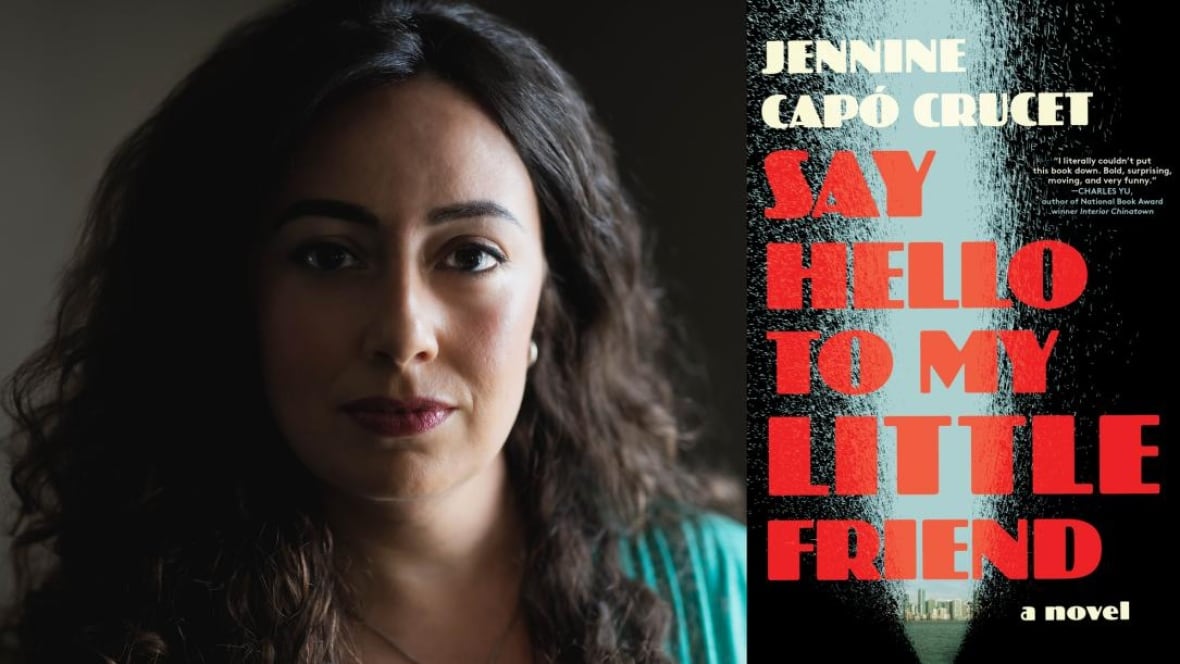 A Cuban woman with curly black hair. A black book cover with red writing.