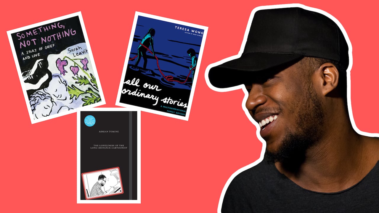 composite of three illustrated book covers and a headshot of a Black man, smiling.