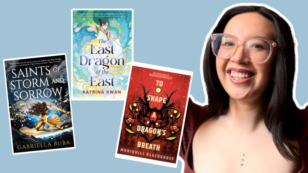 a composite of three illustrated book covers and a headshot of a mixed-Filipina woman with long black hair and eye-glasses.