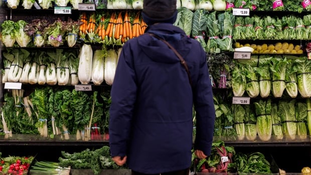 A person in winter gear, seen from behind, looks at rows of produce in a grocery store.