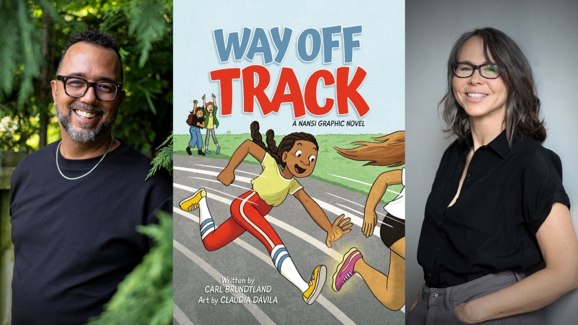 A composite image of a man with black hair and glasses, a woman with dark hair and glasses and an illustrated book cover of a girl running along a track.