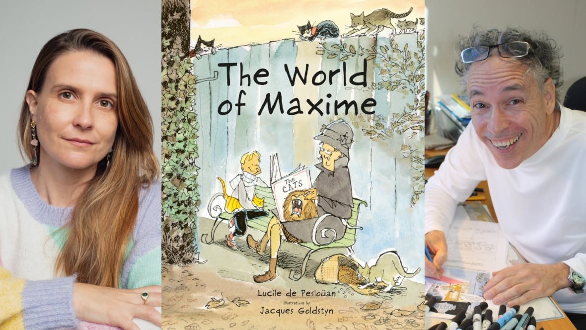 A composite image an illustrated book cover featuring a cartoon child and elderly woman surrounded by cats. The book's creators are also featured.