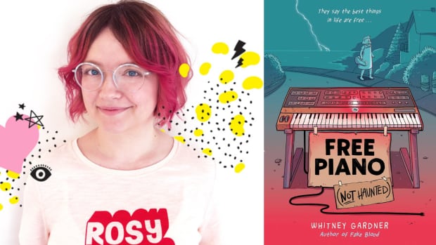 A composite image of a portrait of woman with pink hair smiling into the camera beside an illustrated book cover featuring an electric piano in the foreground with a young girl in the background.