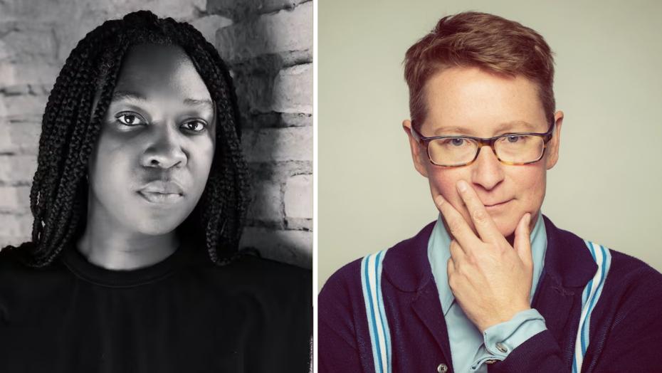 composite of two author photos, a black and white image of a Black woman and an image of a white woman with short hair and eye glasses