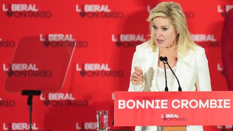 Ontario Liberal Leader Bonnie Crombie speaks on stage at her election night headquarters in Mississauga on Feb. 27, 2025.