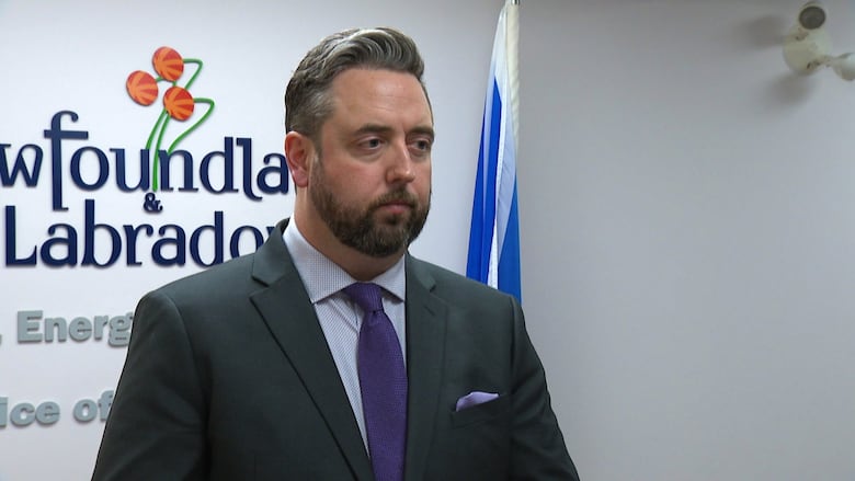 A man wearing a suit stands in a room with grey walls. A logo for the Newfoundland and Labrador Department of Industry, Energy and Technology hangs behind him.