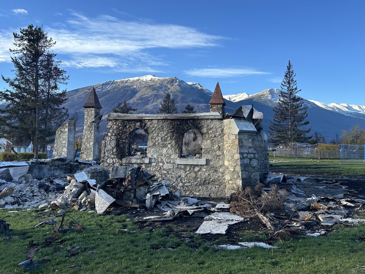 Shows the burned remains of Jasper's Anglican Church.