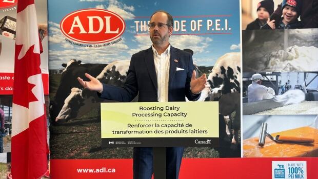 Chadd Mann, CEO of Amalgamated Dairies Limited, speaks at a finding announcement at the company's Summerside plant on March 7, 2025. Chadd Mann, CEO of Amalgamated Dairies Limited, speaks at a finding announcement at the company's Summerside plant on March 7, 2025.