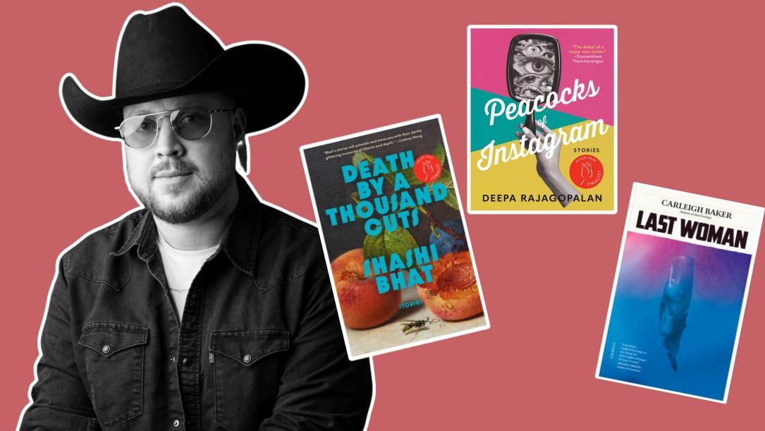 composite of three illustrated book covers and a black and white author photo of a man in a cowboy hat.