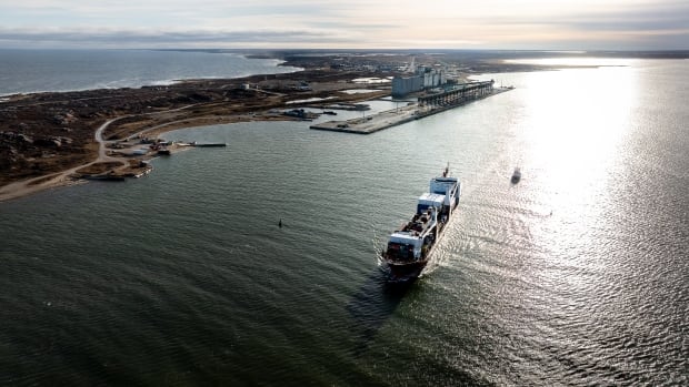 A ship is seen moving toward a port.