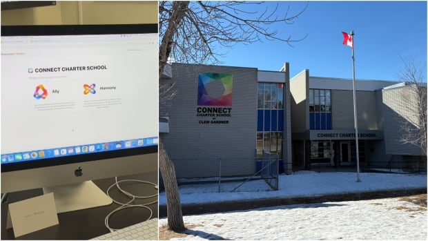In southwest Calgary, Connect Charter School is embracing artificial intelligence. After developing customized tools, its teachers are using AI to draft lesson plans and report cards. A photo collage. To the left, an iMac screen showing AI tools. To the right, the front of a school.