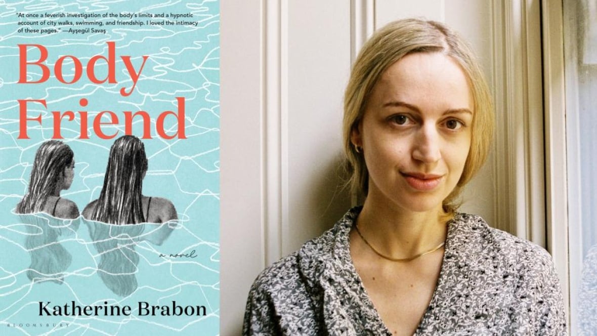 A book cover of two cartoon women in a pool. A white woman with long blonde hair in a low ponytail.
