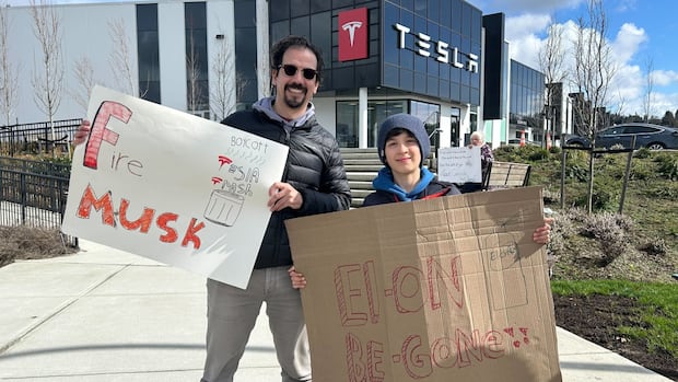 Metro Vancouver residents join 'Tesla Takedown' protests against Musk, Trump