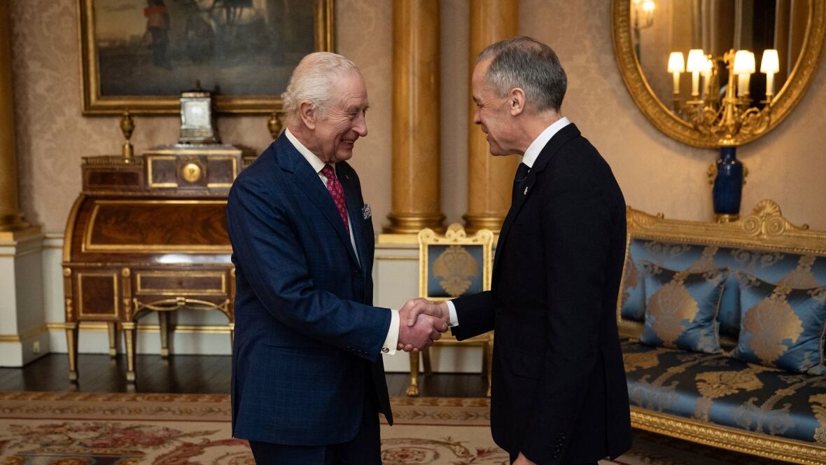 King Charles III shakes hands with Prime Minister Mark Carney astatine  Buckingham Palace successful  London. The brace  are indoors. 