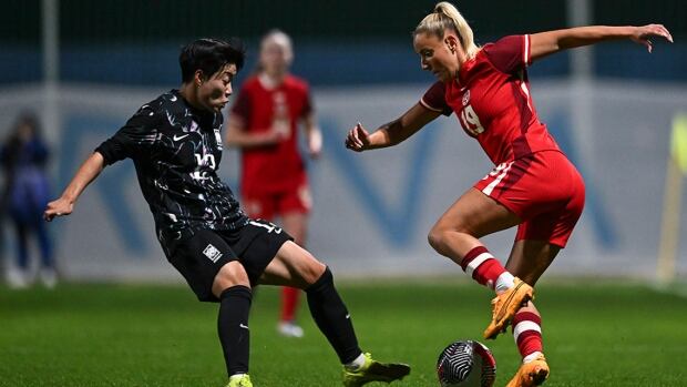 Canada's Adriana Leon duels for possession of the soccer ball with South Korea's Han Chae Rin during an international women's friendly at the Pinatar Arena Football Center in Murcia, Spain on December 3, 2024.