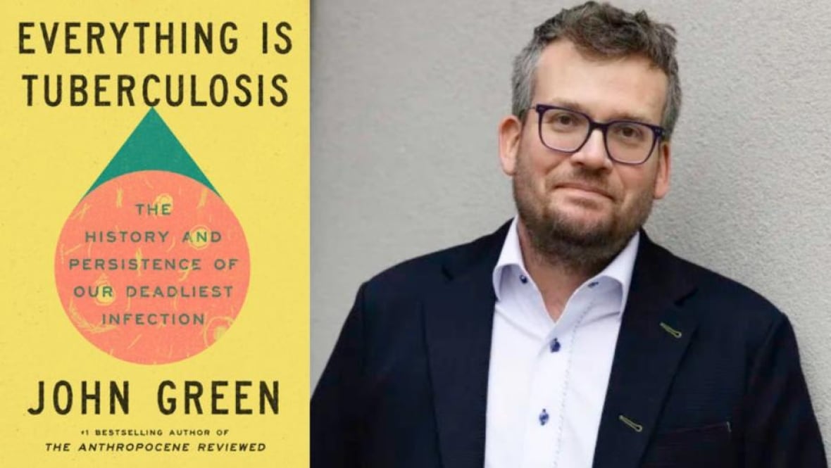 A yellow book cover with a orange circle with microbes in it. A white man with glasses wearing a sportscoat and a button down.