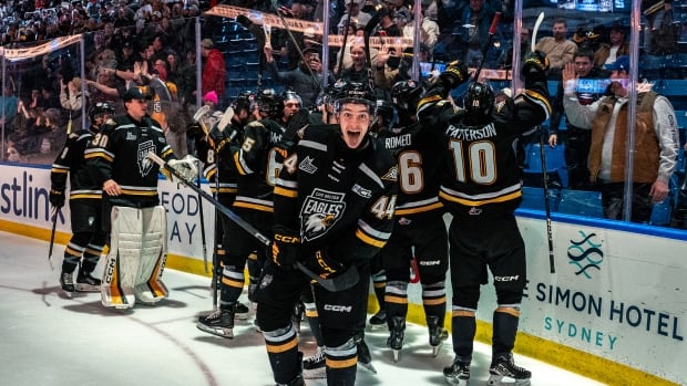 Eagles celebrate with their hometown fans after winning the game at 1:22 a.m. Hockey players celebrate on the ice after Friday night win.