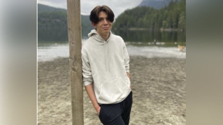 A lad  wearing a achromatic  hoodie leans against a woody  beam adjacent   a lake.