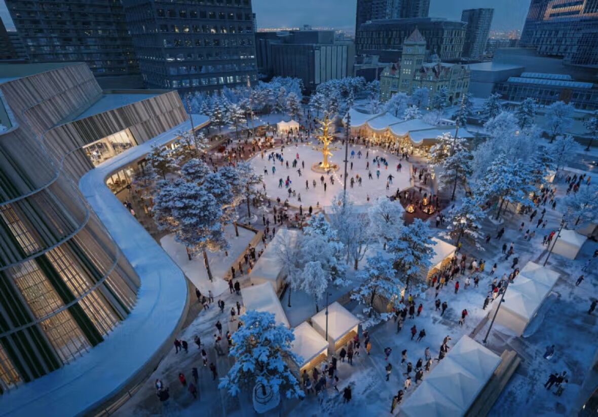 Design renderings of a busy, downtown nationalist   abstraction  from above. Many radical   are pictured skating connected  a rink successful  the halfway  of the plaza.