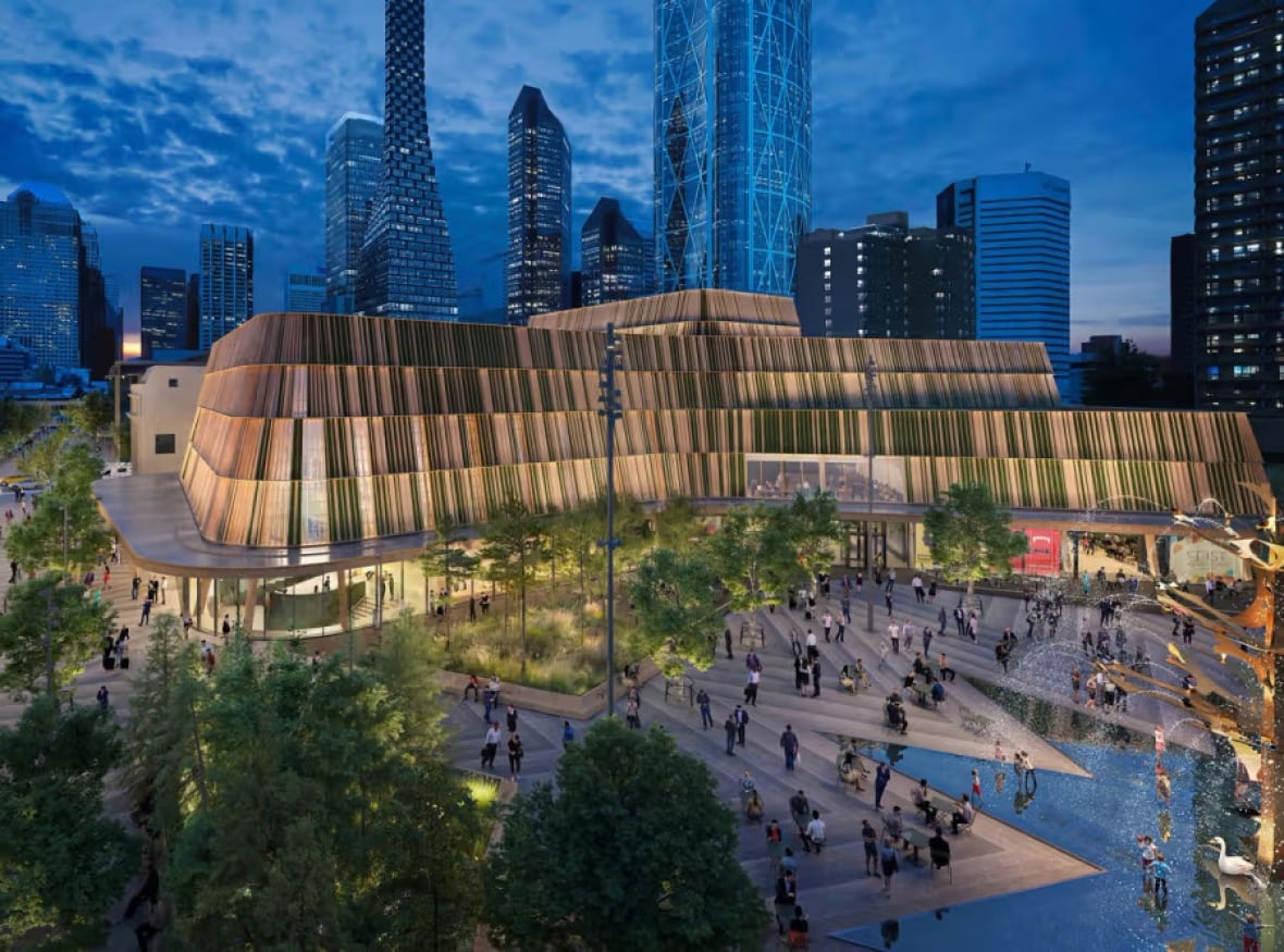 A design rendering of a downtown, public space and a large performing arts building pictured from above. The Calgary skyline is visible in the background.