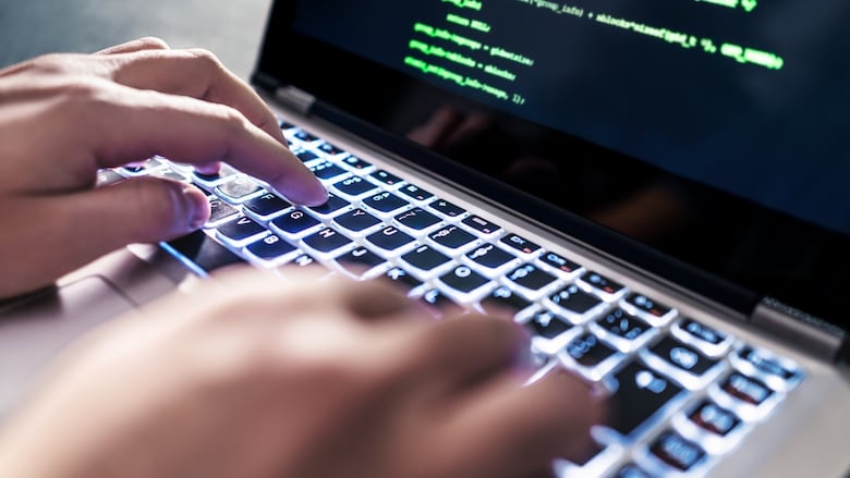 A person on a computer.