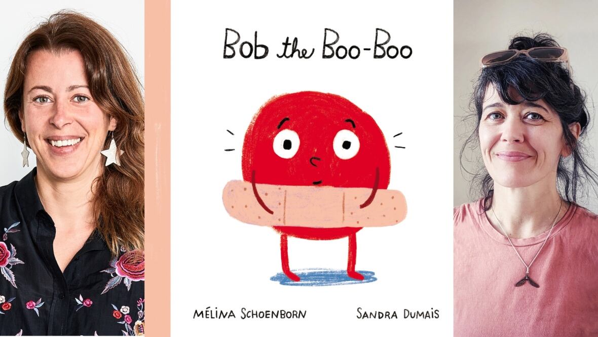 The cover of the picture book Bob the Boo-Boo, showing a large red boo-boo with a surprised face holding a band-aid in front of them. The book's creators are also featured.