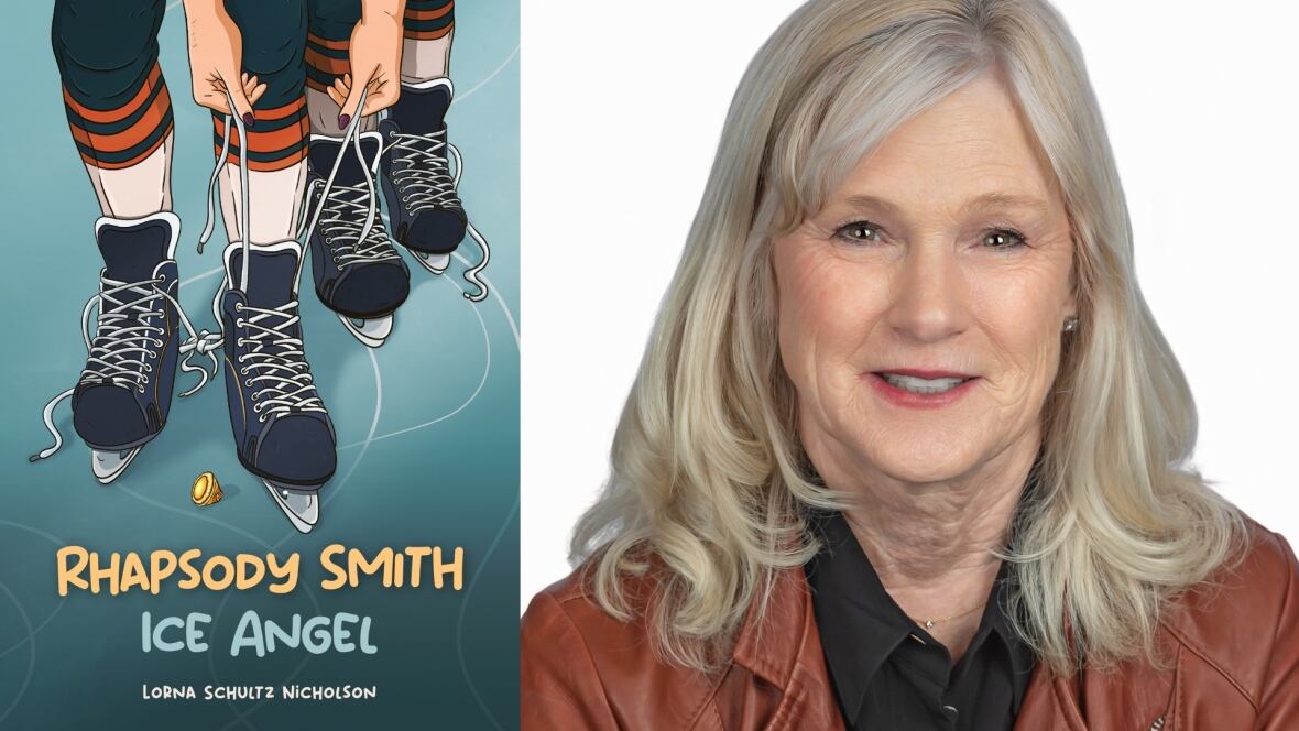 The book cover of Rhapsody Smith, Ice Angel, showing a young person tying up their ice skates. The book's creator is also featured. 