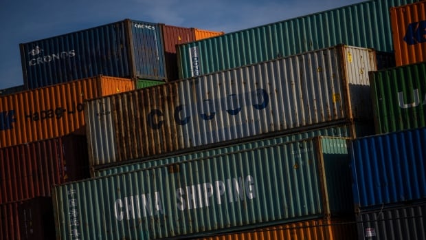 Multi-coloured shipping containers are stacked against a blue sky.