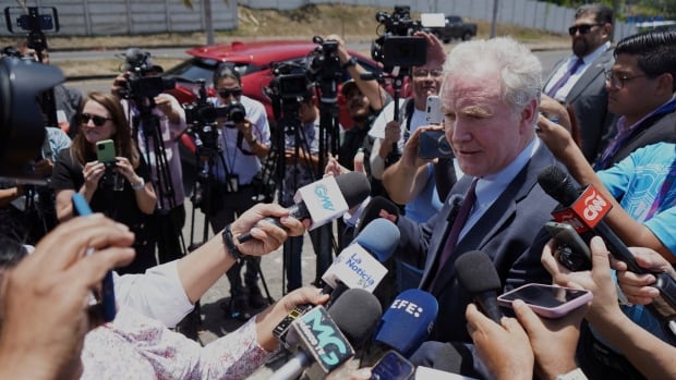 Maryland Sen. Chris Van Hollen speaks to the press in La Libertad, El Salvador, where he arrived regarding Kilmar Abrego Garcia, a Salvadoran citizen who was living in Maryland and deported to El Salvador by the Trump administration, Wednesday, April 16, 2025. U.S. Sen. Chris Van Hollen speaks to members of the media in El Salvador.