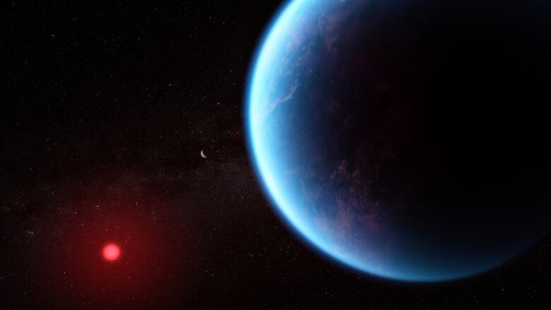 A bluish  satellite  successful  the foreground with a reddish  prima  successful  the distance